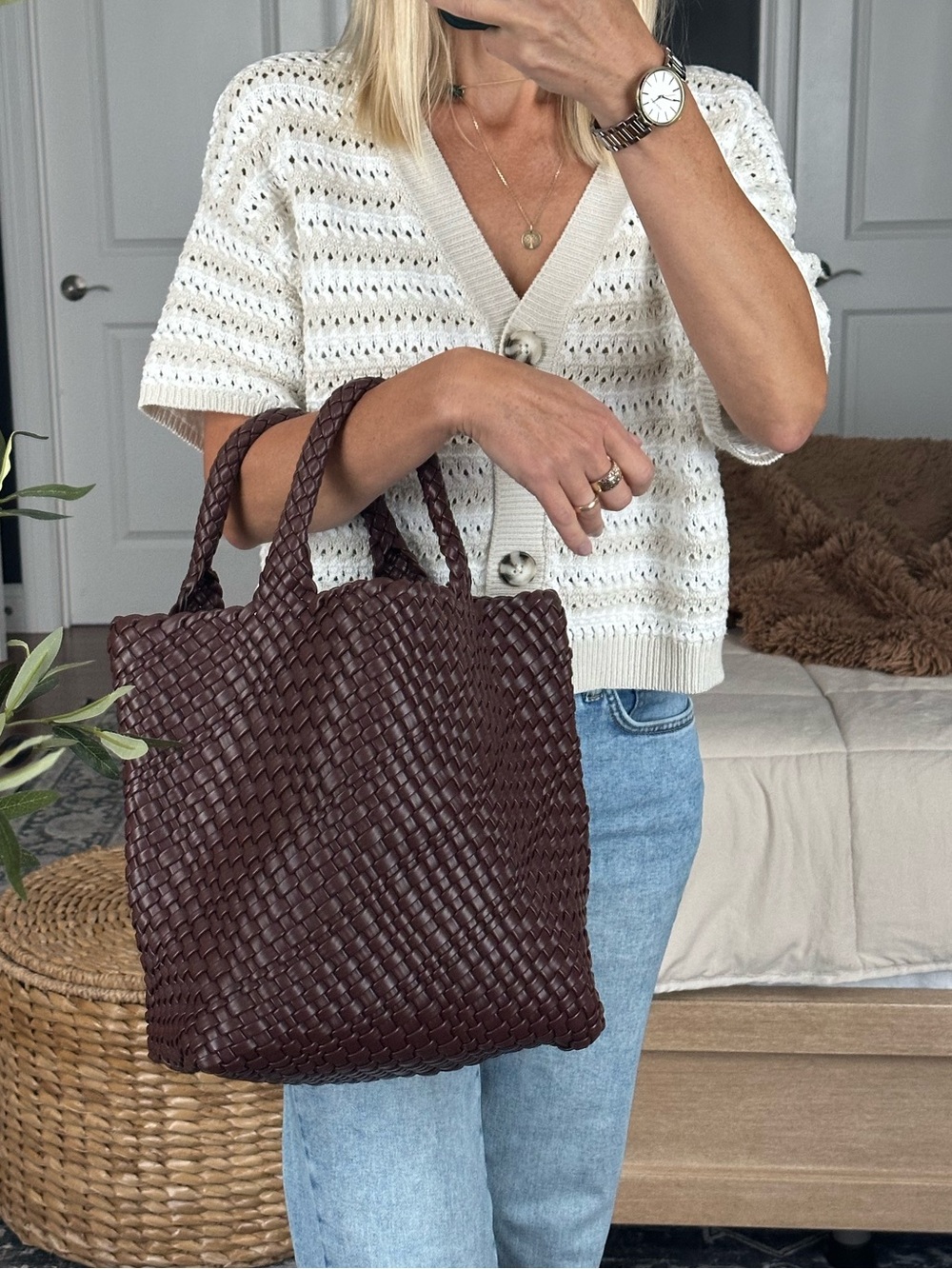 Faux leather Woven medium Tote Bag - Chocolate Dark Brown with small pouch
